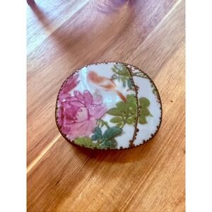 Vintage Porcelain & Brass Floral Bird Belt Buckle Pink Flower Accents